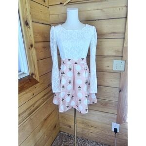 Mini Dress Women Medium Pink White Lace Novelty Polka Dot Coquette Dollcore Twee
